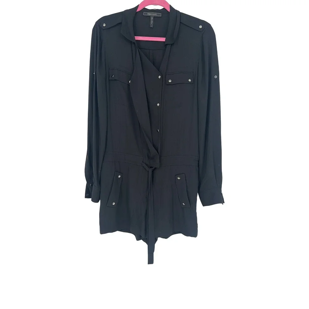 BCBGMAXAZRIA Black Utility‎ Romper Button Down Drawstring Waist Career Casual